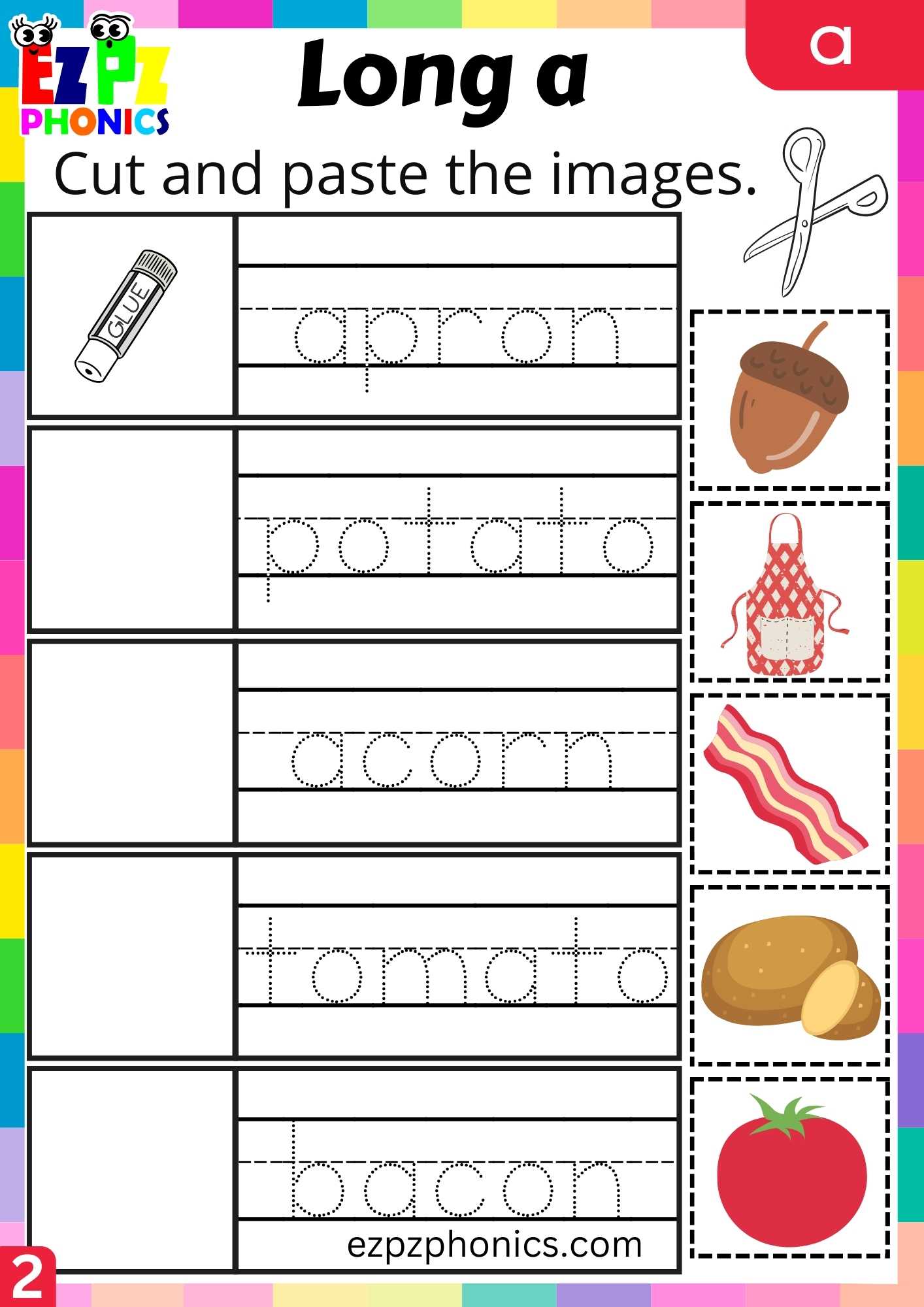 Group2 A Words Cut And Paste The Images Long A Phonics Worksheet